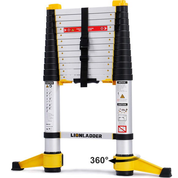 12.5FT EN131-6 Telescoping Ladder, One-Button Retraction, Pro Aluminum Ladder, 330 Lbs Capacity