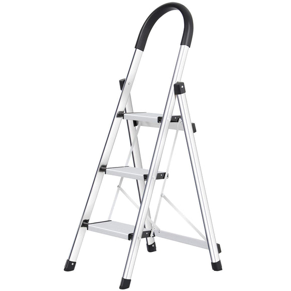 3 Step Stool Aluminum Ladder Portable Folding Anti-Slip with Rubber Hand Grip 330lbs Capacity,Silver Household Stepladders