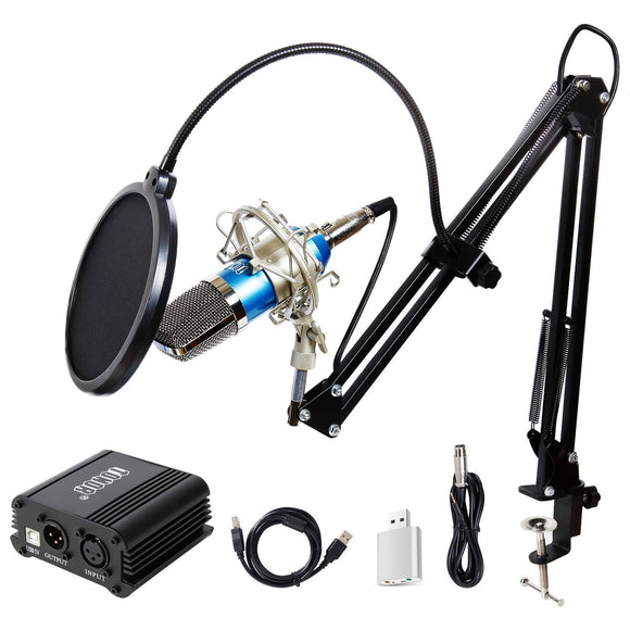 Pro Condenser Microphone XLR to 3.5mm Podcasting Studio Recording Condenser Microphone Kit Computer Mics with 48V Phantom Power Supply