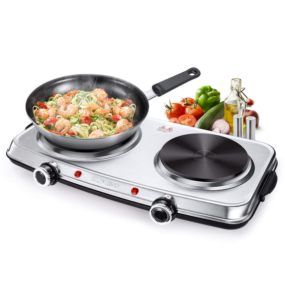 Hot Plates for Cooking, 1800W Electric Double Burner with Handles, 6 Power Levels Stainless Steel Hot Plate for Kitchen Camping RV and More