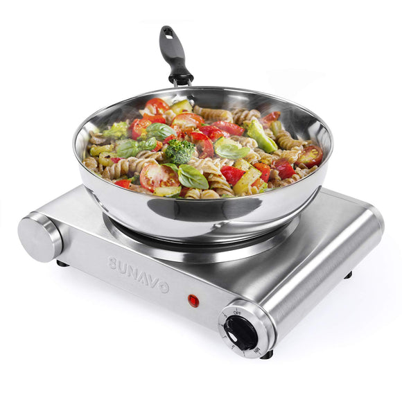 Hot Plate for Cooking Portable Electric Single Burner 1500W 5 Power Levels Cast-Iron Stainless Steel Silver