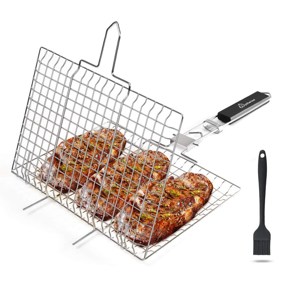 Portable Grilling Basket 430 Stainless Steel BBQ Barbecue Tool Work for Fish Vegetable Steak Meat Shrimp Chops with an Additional Basting Brush