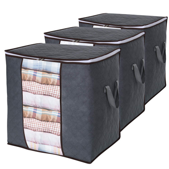 Clothes Storage Bag 90L Large Capacity Organizer with Reinforced Handle Thick Fabric for Comforters, Blankets, Bedding, Foldable with Sturdy Zipper, Clear Window, 3 Pack, Grey