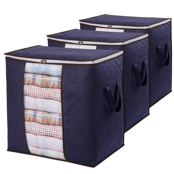 Clothes Storage Bag 90L Large Capacity Organizer with Reinforced Handle Thick Fabric for Comforters, Blankets, Bedding, Foldable with Sturdy Zipper, Clear Window, 3 Pack, Blue