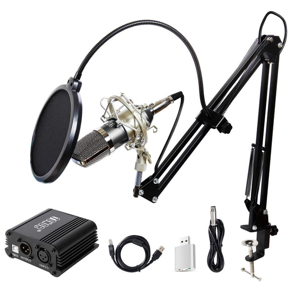 Pro Condenser Microphone XLR to 3.5mm Podcasting Studio Recording Condenser Microphone Kit Computer Mics with 48V Phantom Power Supply Black