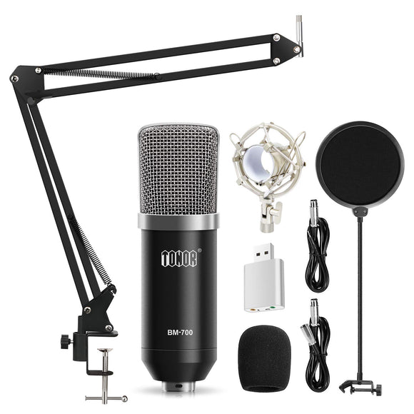 XLR Condenser Microphone Kit with XLR to XLR Cable/3.5mm to XLR/Adjustable Mic Suspension Scissor Arm/Shock Mount/USB Audio Adapter for Professional Studio/Home Recording, Podcasting, Black