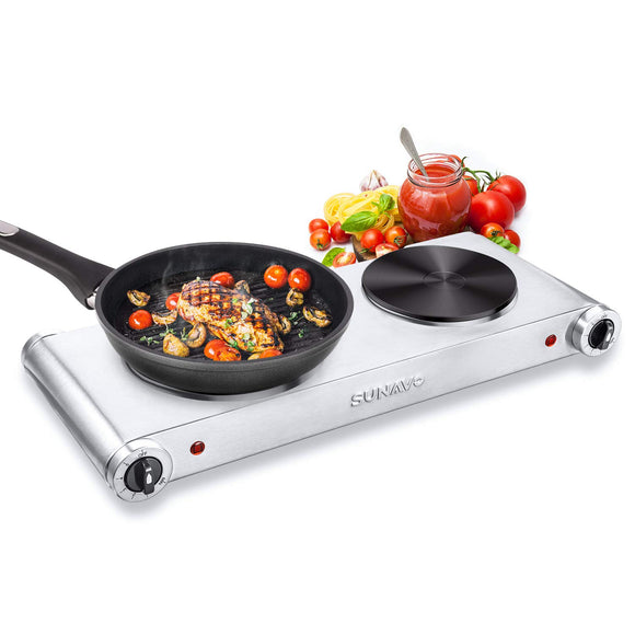 Hot Plates for Cooking Portable Electric Double Burner 1800W 5 Power Levels Cast-Iron Stainless Steel Silver