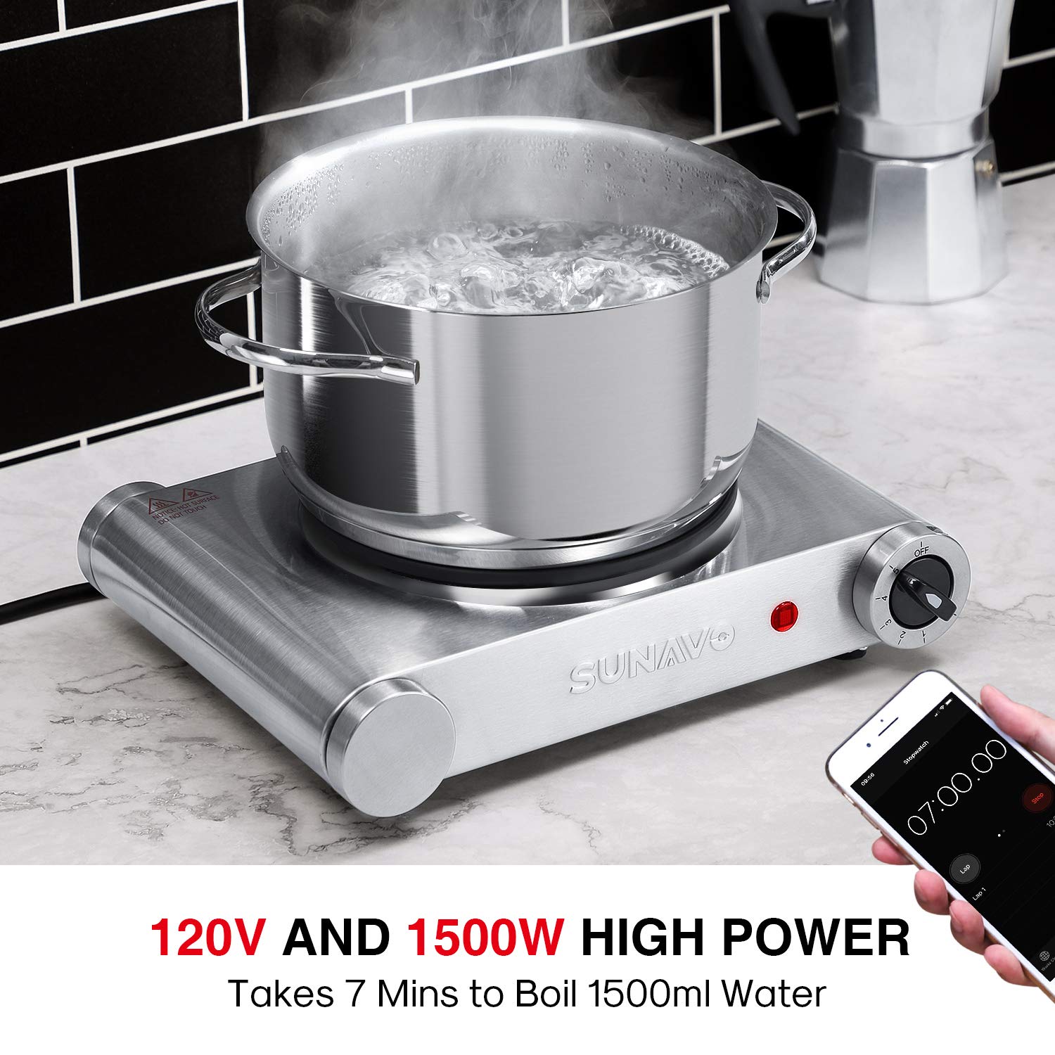 1500W Hot Plates for Cooking, Electric Single Burner with Handles, 6 Power Levels Stainless Steel Hot Plate for Kitchen Camping RV and More Silver