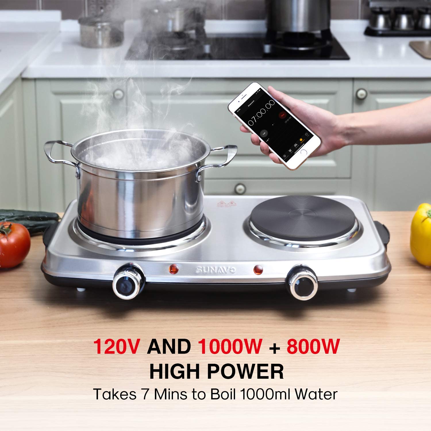 1500W Hot Plates for Cooking, Electric Single Burner with Handles, 6 Power Levels Stainless Steel Hot Plate for Kitchen Camping RV and More Silver