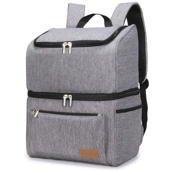 18L 32-Can Insulated Cooler Bag Backpack, Double Decker Lunch Bag Soft-Sided Cooling Bag for Beach/Picnic/Camping/BBQ, Grey